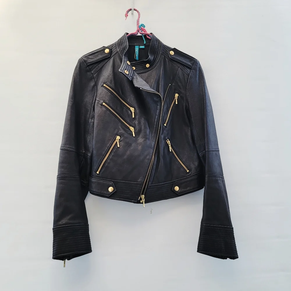 Truth+Pride Black Leather Moto Jacket Size Large Minimalist Classic Gold Neutral - Picture 16 of 16
